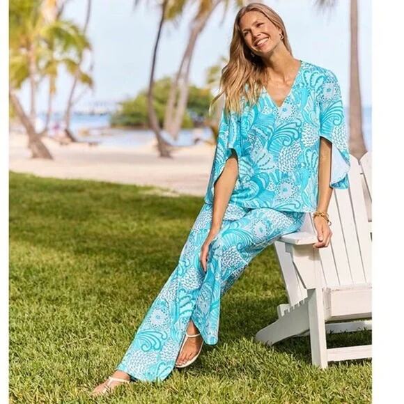 NWT Jude Connally Trixie Enchanted Sea Aqua Wide-Leg Pull-On Pants Size Small - Picture 1 of 4